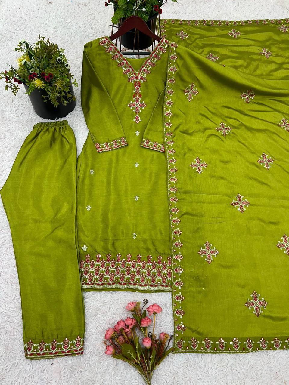 Anvitha Green Chinon Silk Kurti Set with 5mm sequin embroidery, lacework & dupatta – fully stitched festive wear for women.