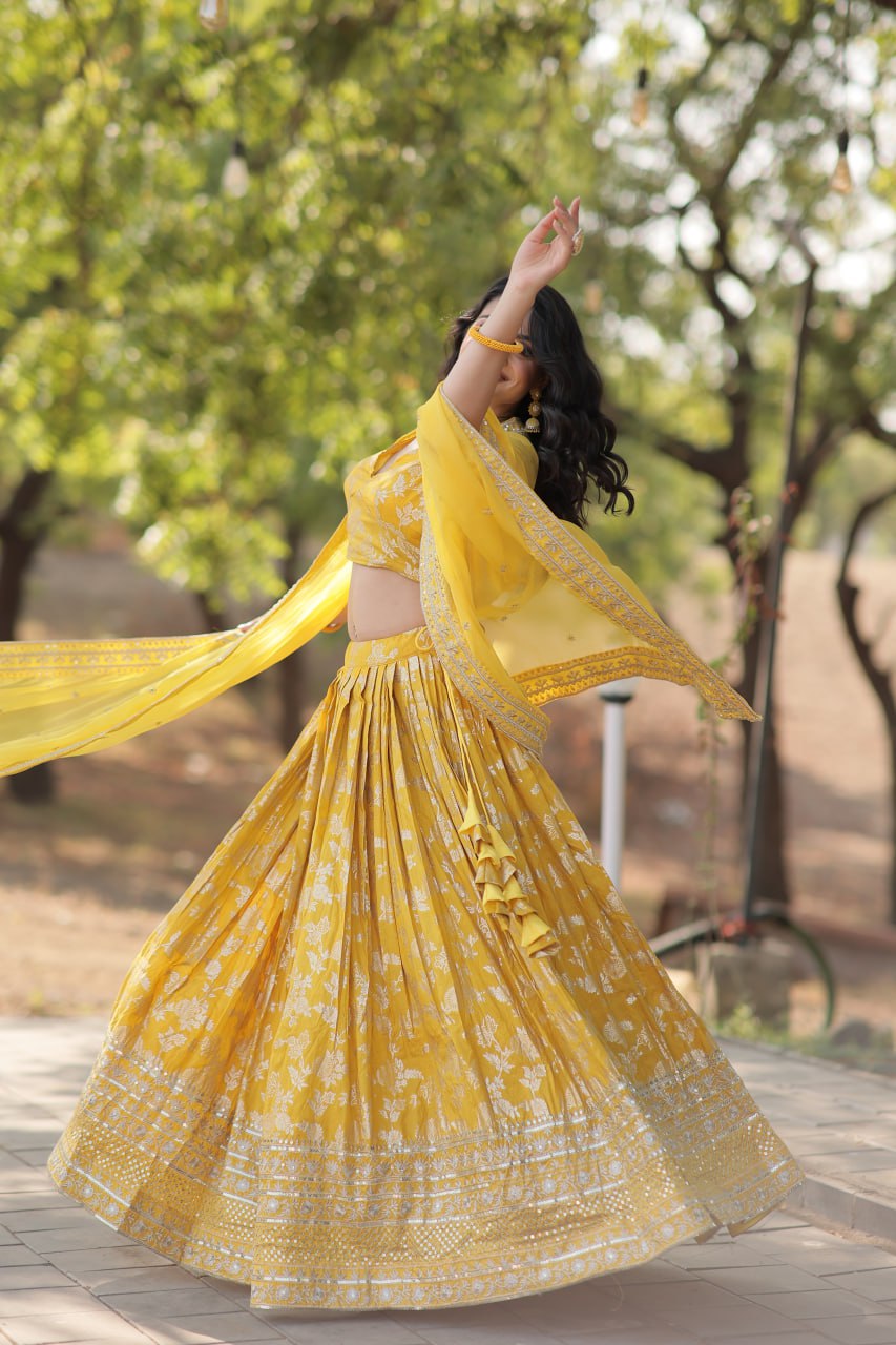 Pranshi yellow viscose jacquard lehenga choli set