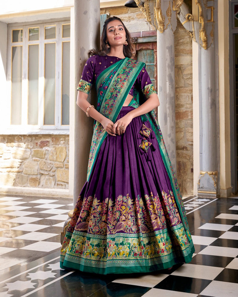 Purple Silk Printed Foli Work Semi-Stitched Half Saree Lehenga