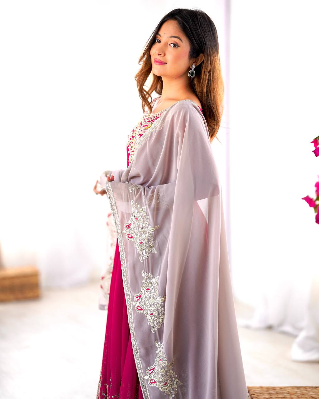 Tejvini Georgette Embroidered Pink Gown