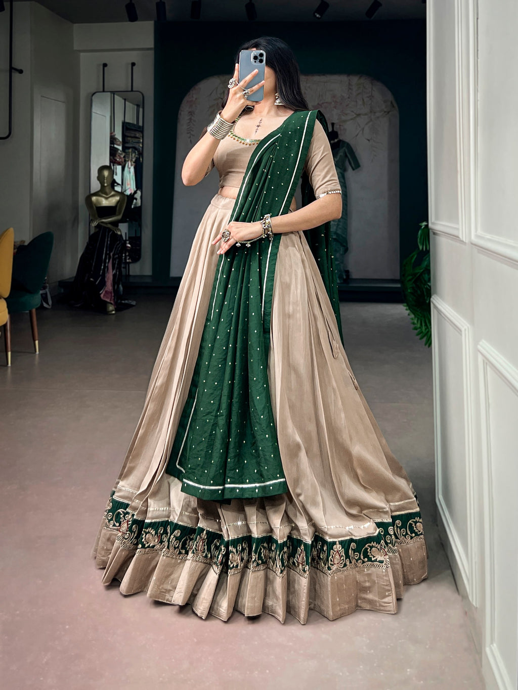 Jiya Beige Chanderi Embroidered Lehenga