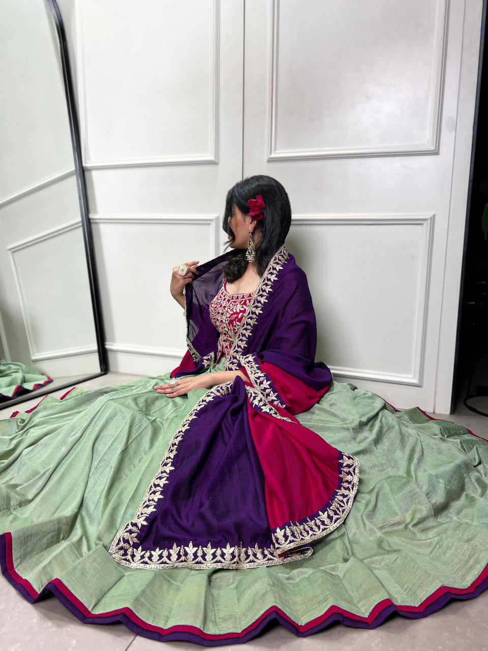 Vijyeshwari green silk sequins embroidered lehenga choli