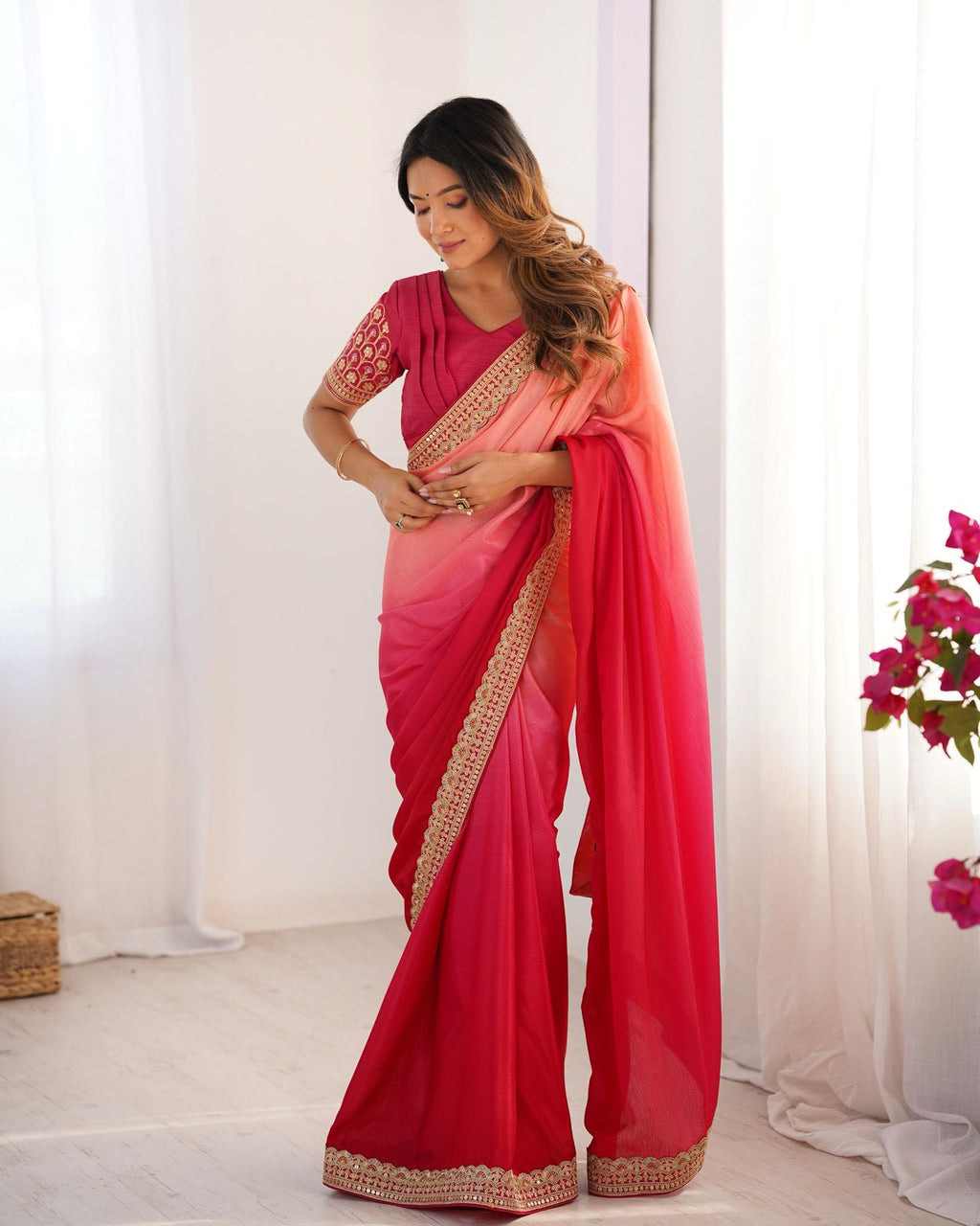 Shanvika pink pure Chinon silk saree with intricate thread embroidery and sequin lace border, paired with unstitched Mono Benglori embroidered blouse fabric – perfect for weddings, festive celebrations, and party wear 