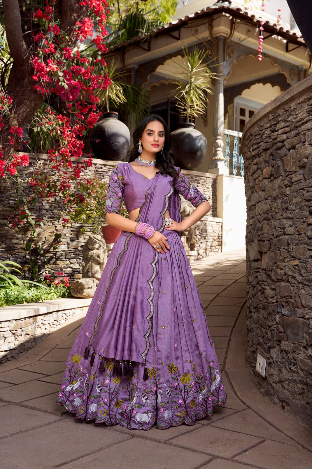 Lavender Vichitra shimmer sequins thread embroidery work lehenga choli