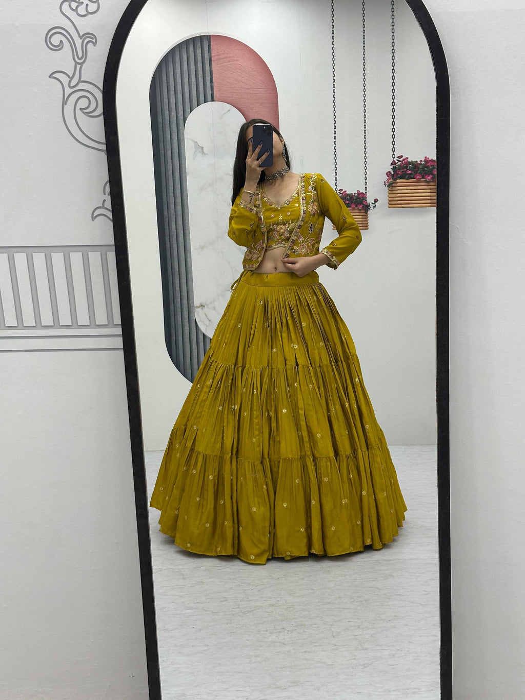 Mustard yellow chinon embroidered crop top lehenga with designer jacket