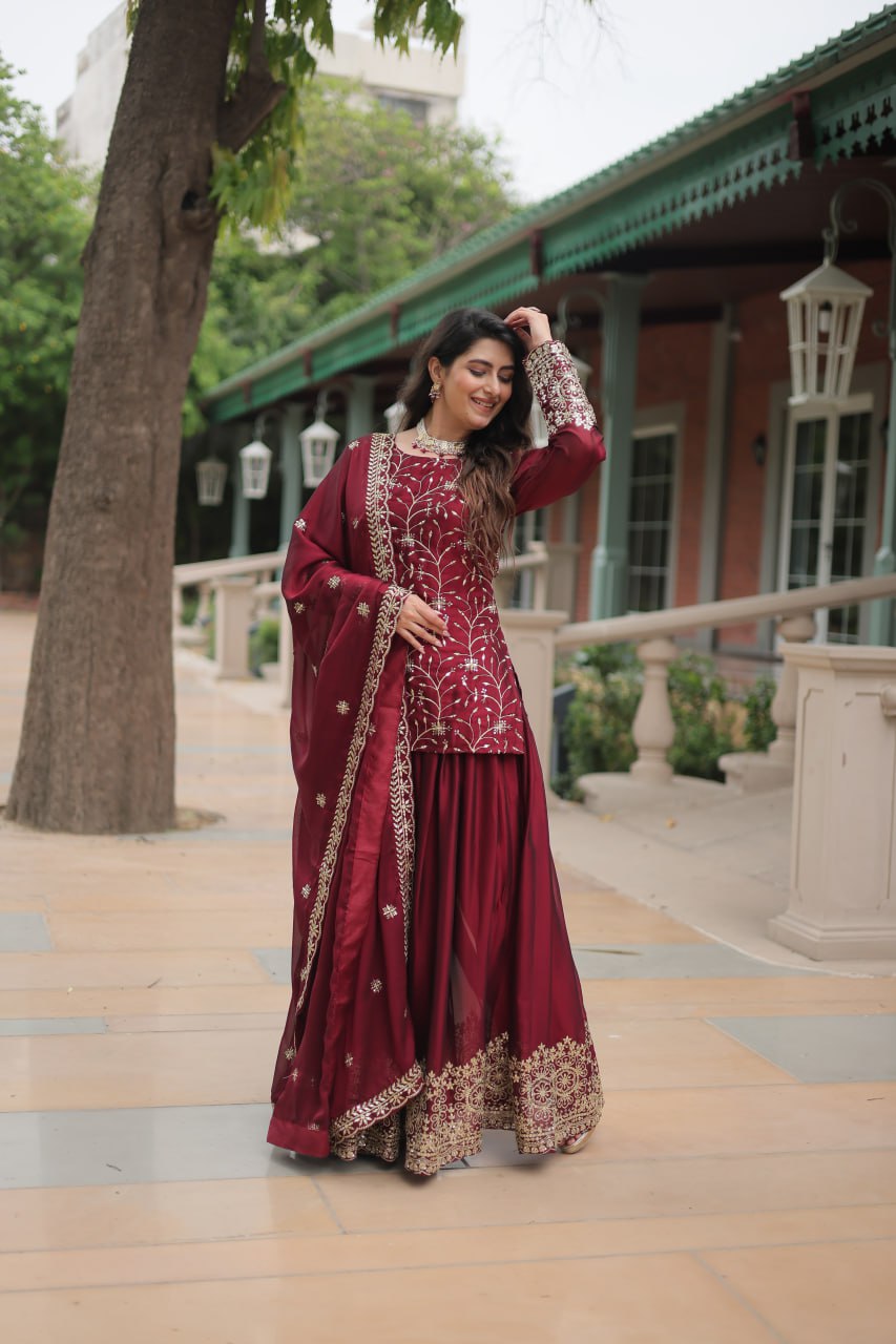 Hitanshi Maroon Rangoli Silk Embroidered Kurti Plazzo Set