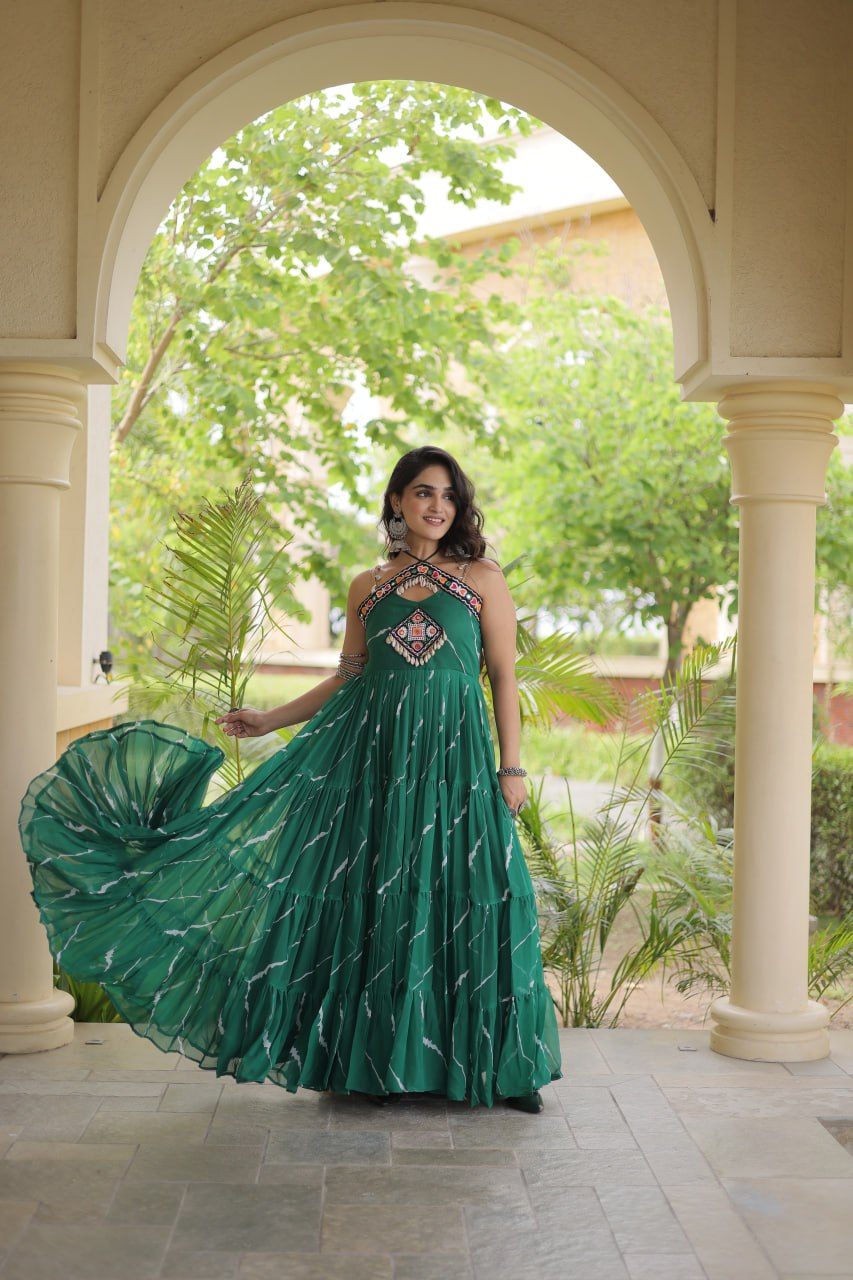 Bhavna Green Faux Georgette Laheriya Kutchi Patchework Gown