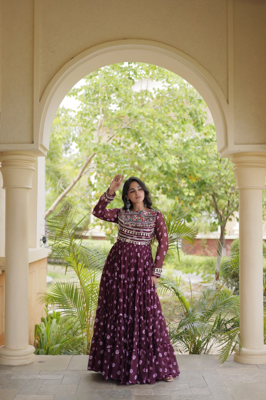 Lavanya Purple Faux Georgette Bandhani Kutchi Patchwork Gown