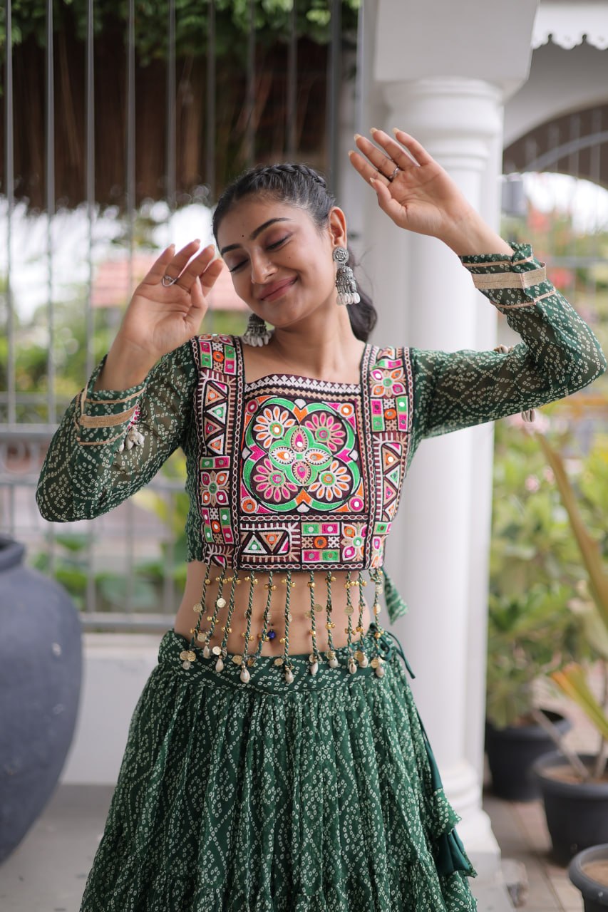 Anjali Green Faux Georgette Bandhani Kutchi Patchework Lehenga