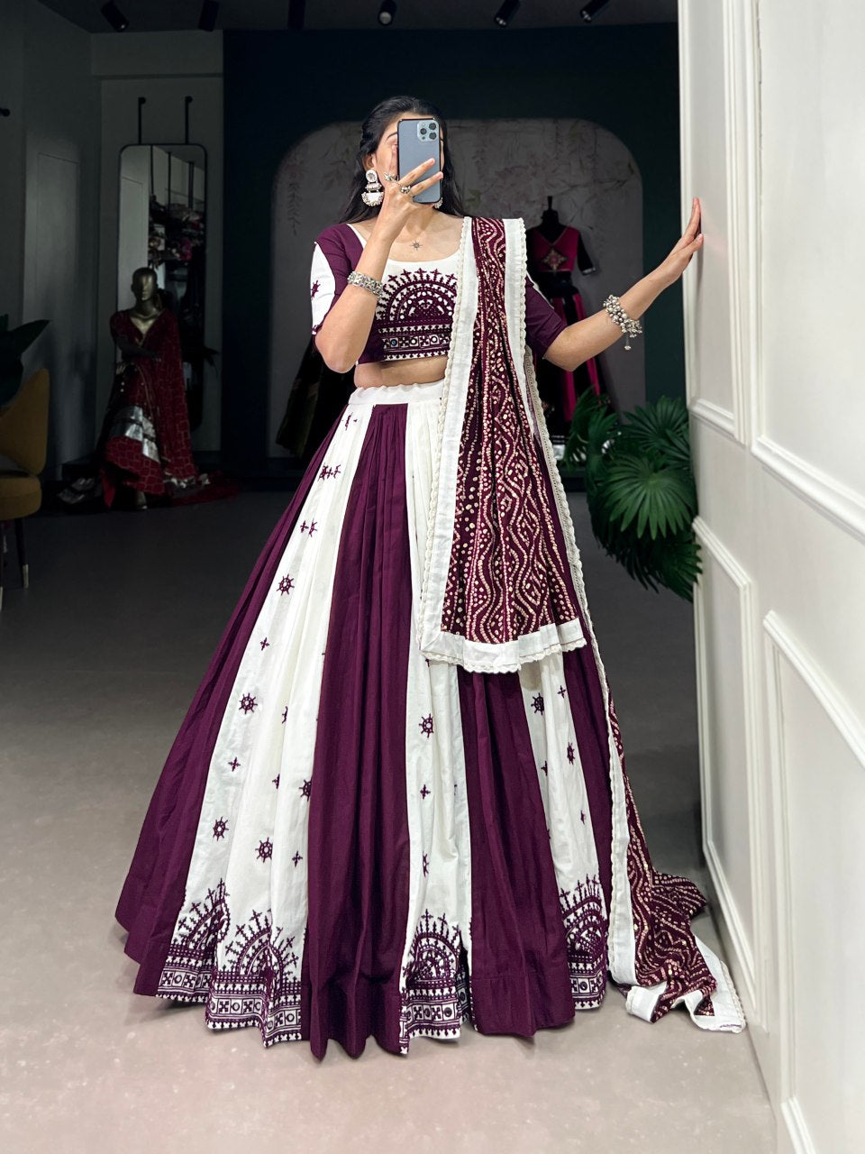 Wine Pure Cotton Mirror Gamthi Work Lehenga Choli with Bandhej Print Dupatta