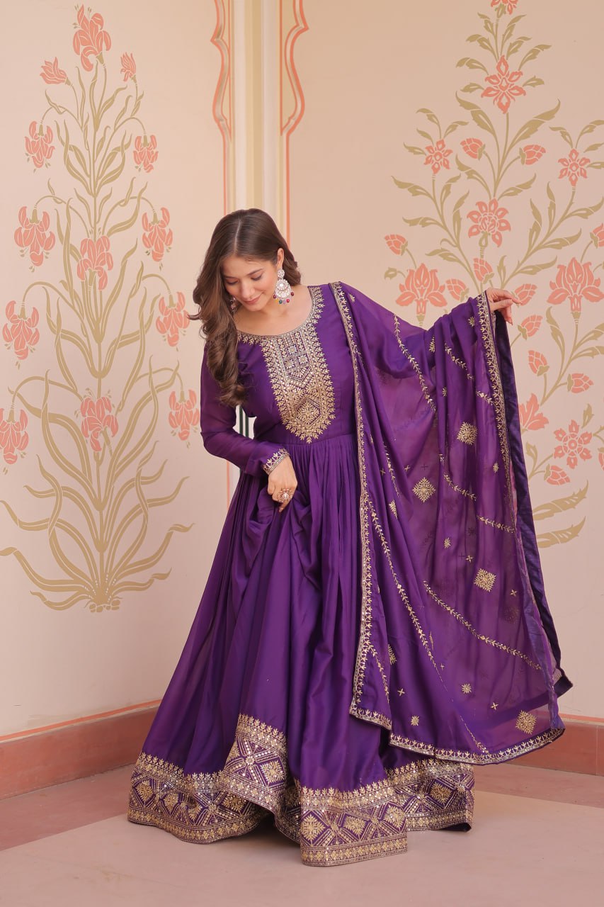Purple Color Star Georgette Zari Sequins Embroidered Gown with Dupatta