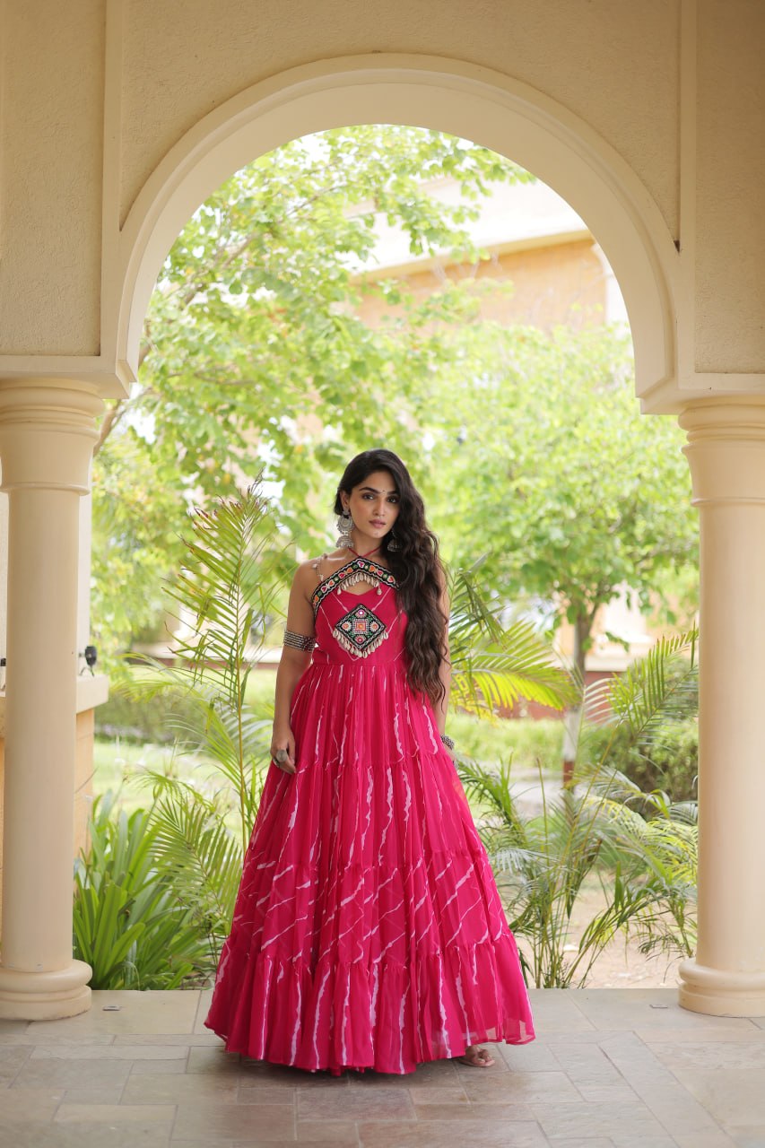 Bhavna Pink Faux Georgette Laheriya Kutchi Patchework Gown