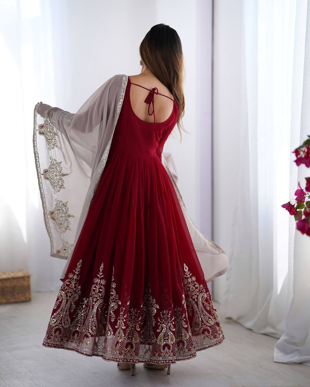 Tejvini Maroon Embroidered Gown Set – heavy georgette gown with multi-thread 5mm sequin embroidery, full sleeves, soft micro cotton lining, paired with matching maroon embroidered dupatta and stitched cotton bottom – ideal for weddings, festive events, and reception looks.