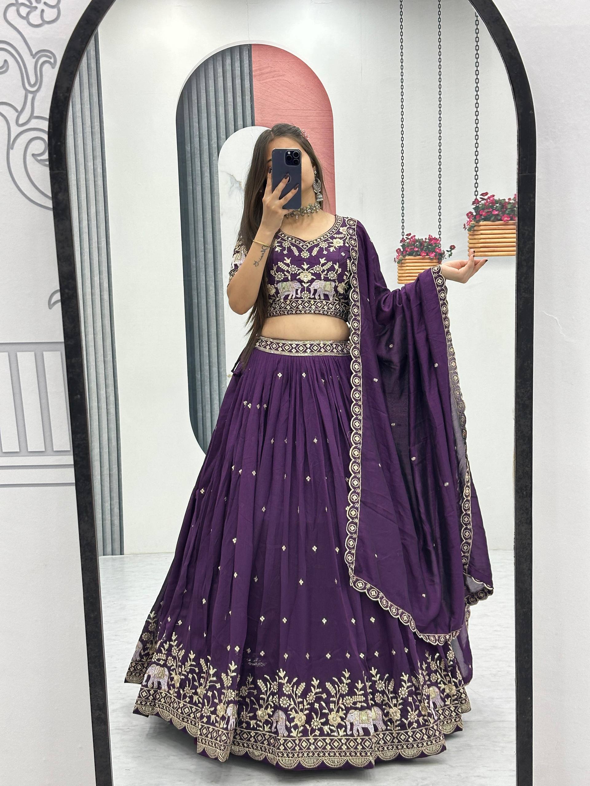 Gopi Deep Purple Color Vichitra Silk Embroidery Sequins Thread Work Lehenga Choli