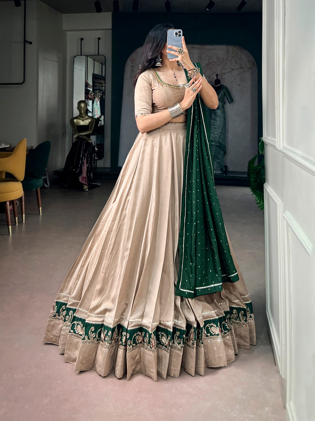 Jiya Beige Chanderi Embroidered Lehenga