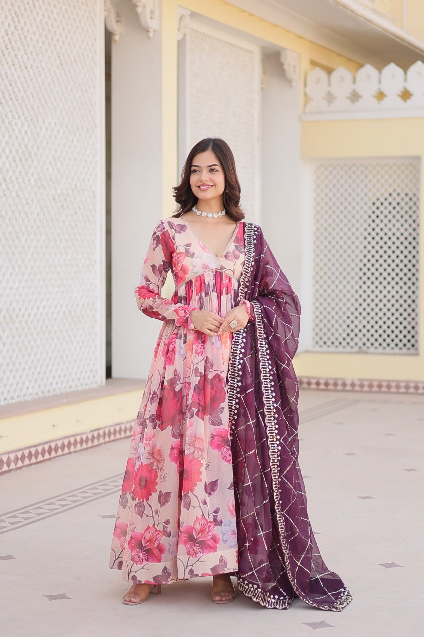 Savitri russian silk printed alia cut pink anarkali suit set