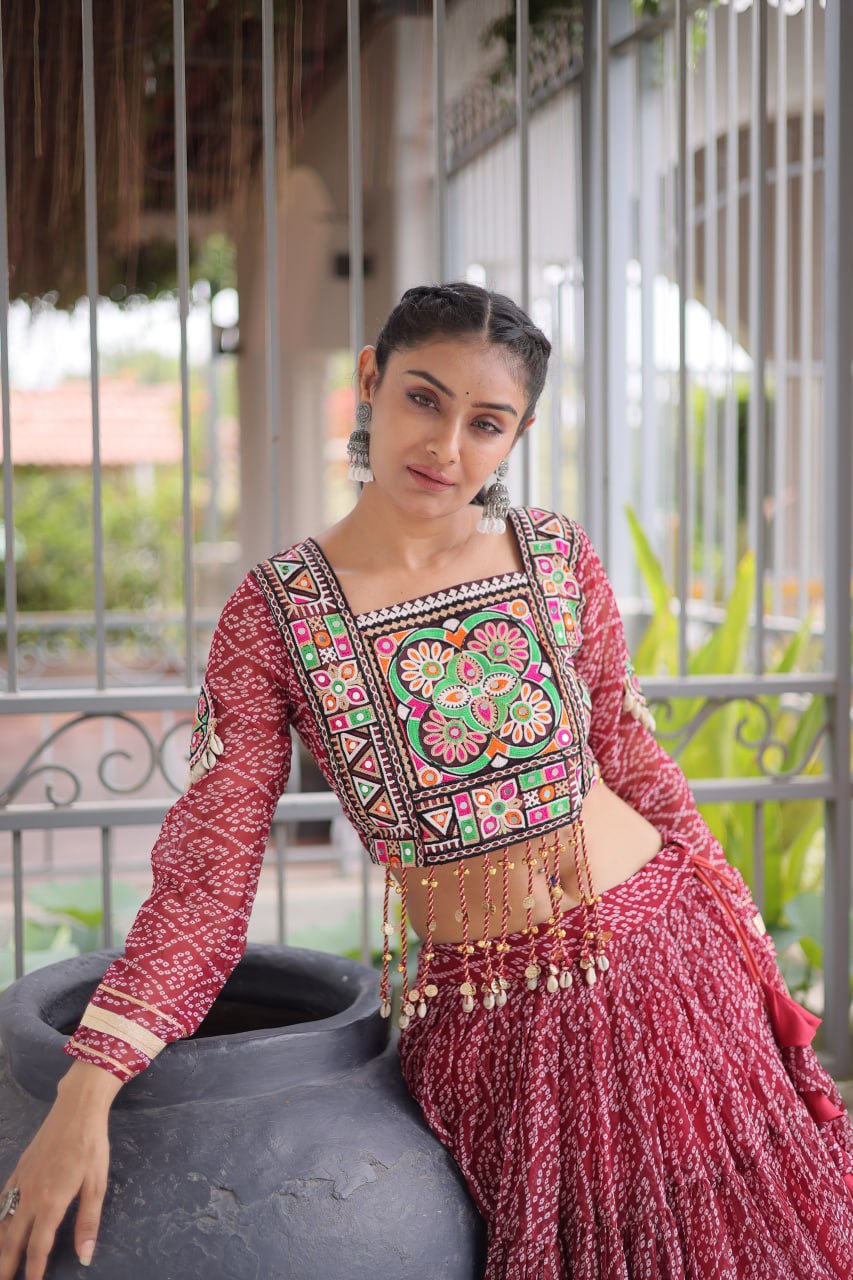 Anjali Brown Faux Georgette Bandhani Kutchi Patchework Lehenga