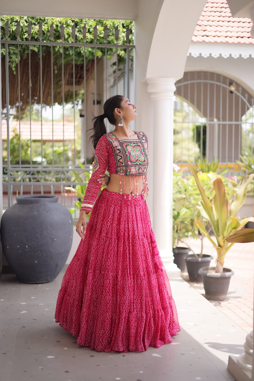 Anjali Pink Faux Georgette Bandhani Kutchi Patchework Lehenga