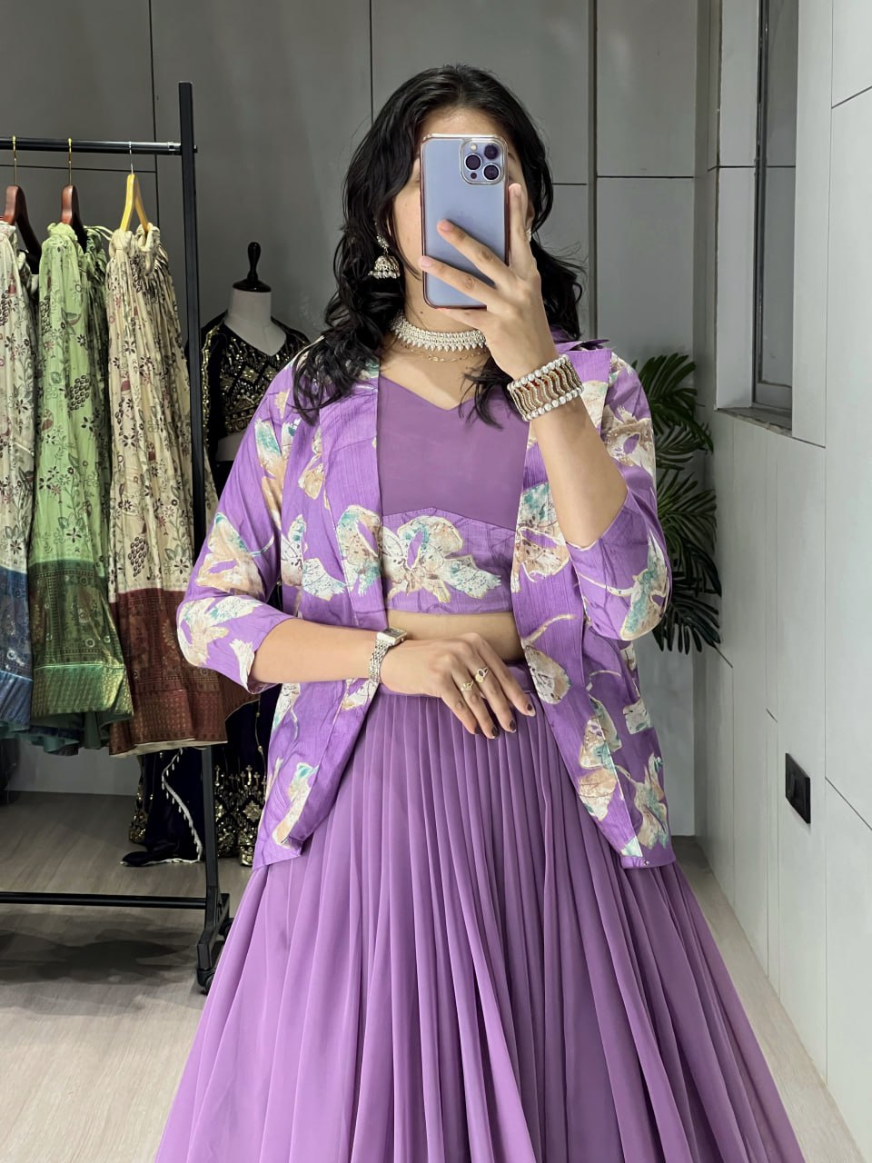 Alka Lavender Color Georgette Foil Printed Lehenga Choli with Koti