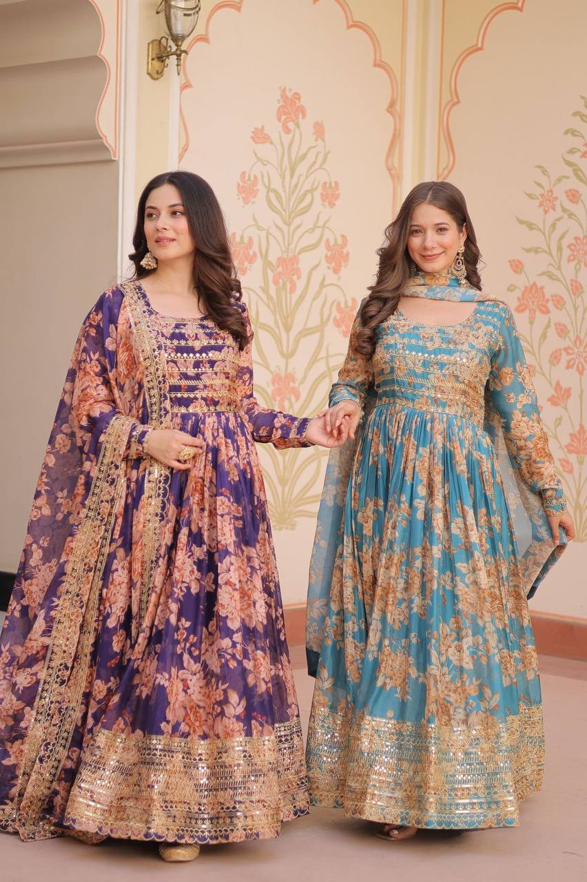 Purple Russian Silk Print Embroidered Sequins Work Gown with Dupatta