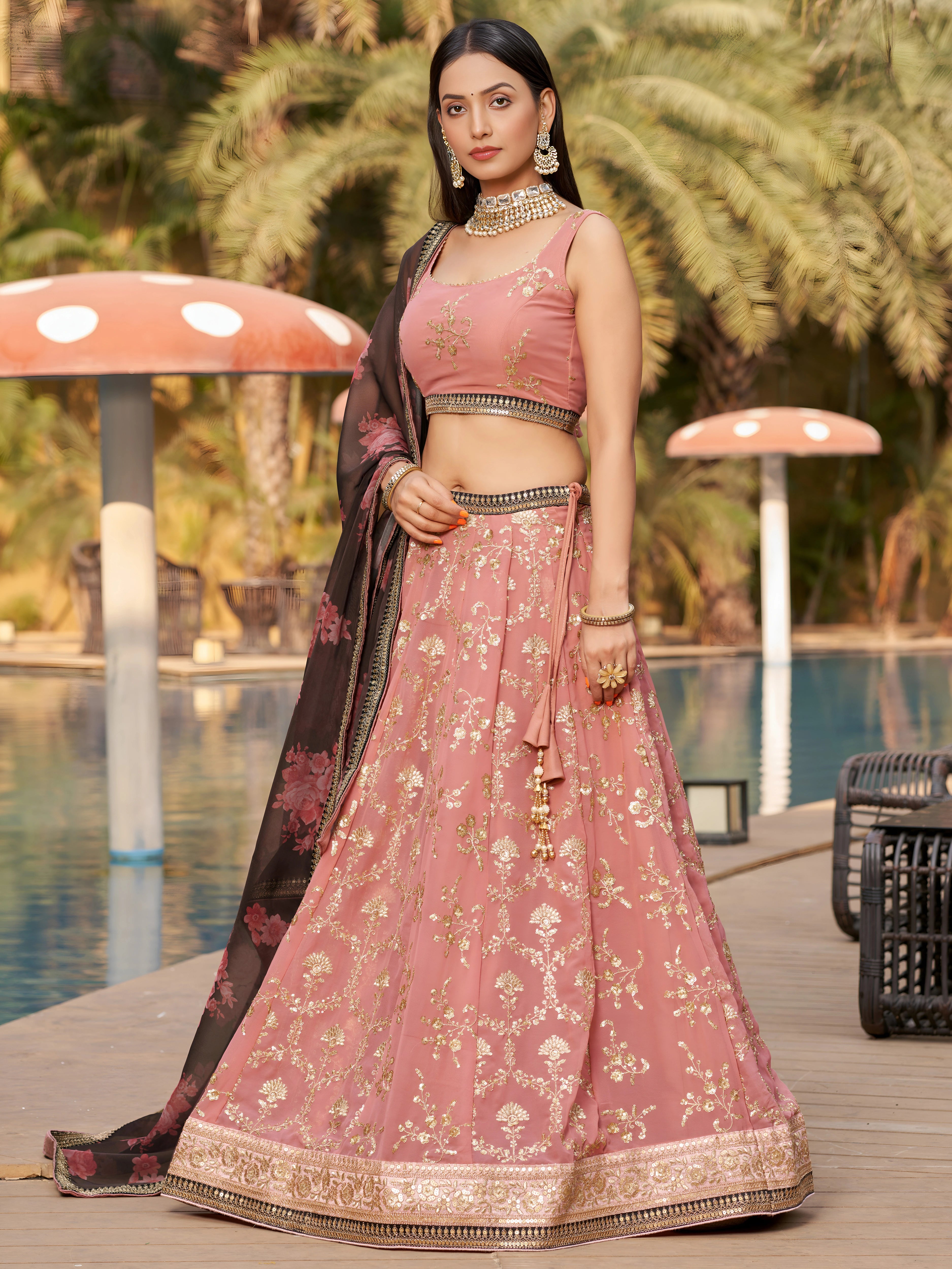 Navya Dusty Pink Color Embroidered Lehenga Choli with Floral Dupatta
