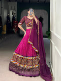 Pink Tasar silk foil print embossed lace work lehenga choli with dupatta