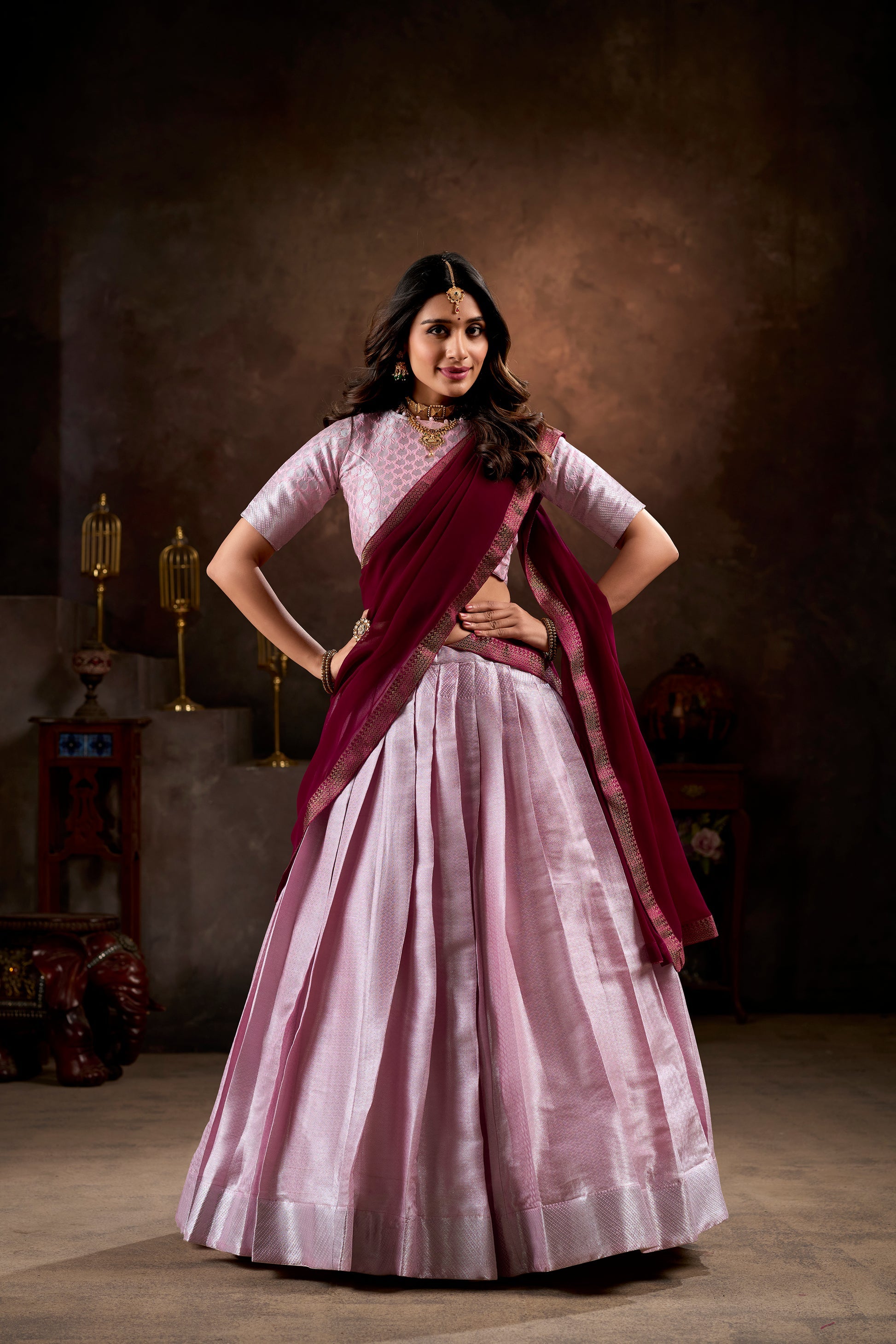 Pink Jacquard Silk Weaving Work Lehenga Choli With Dupatta and Lace Border