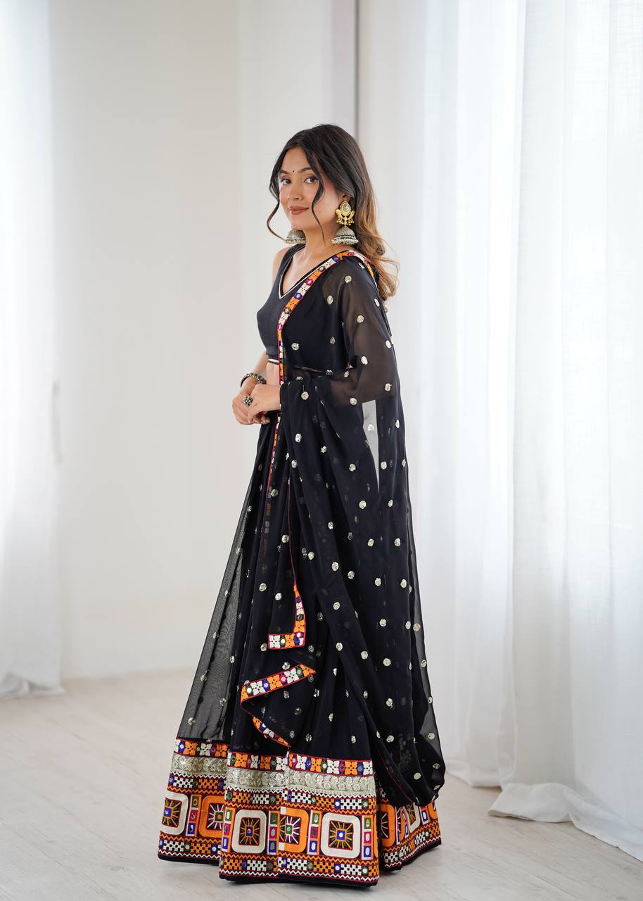 Black Georgette with Gamthi Thread Mirror Work Lehenga Choli with Dupatta