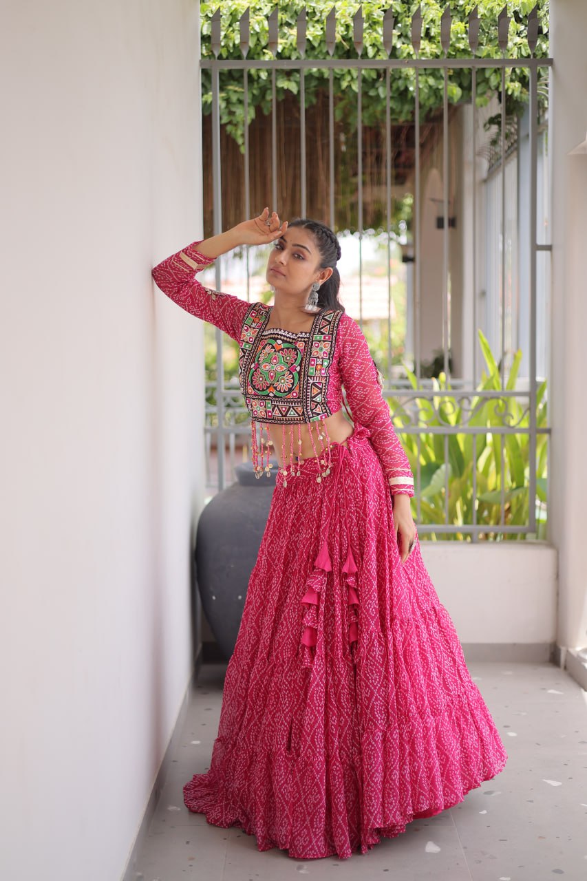 Anjali Pink Faux Georgette Bandhani Kutchi Patchework Lehenga