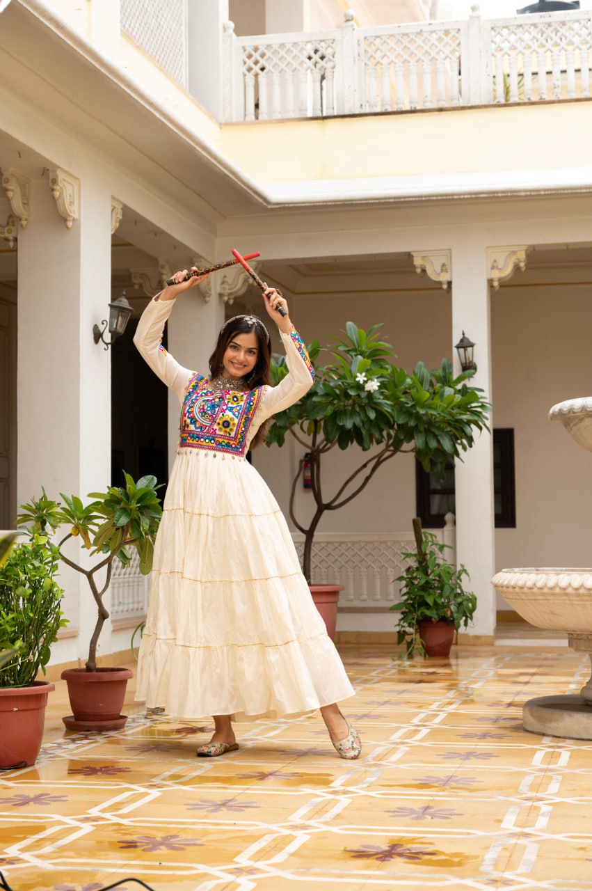 Off-White Kora Cotton Kutchi Gamthi Mirror Work and Kodi Lace Gown