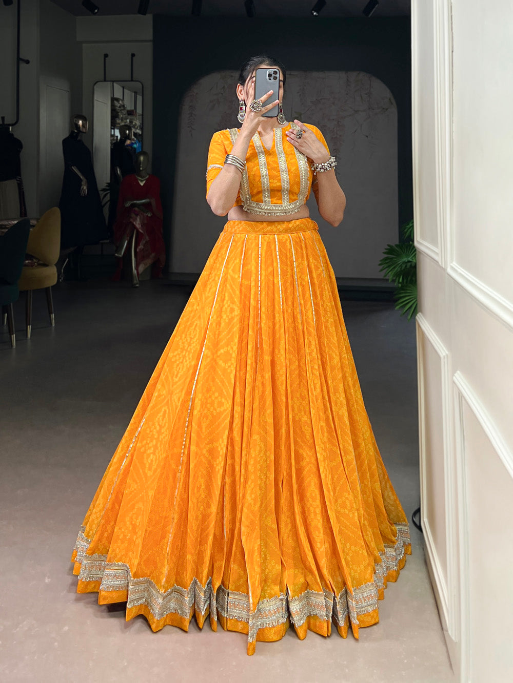 Yellow Chiffon Bandhej Print Gota Patti Lace Work Lehenga Choli