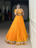 Yellow Chiffon Bandhej Print Gota Patti Lace Work Lehenga Choli