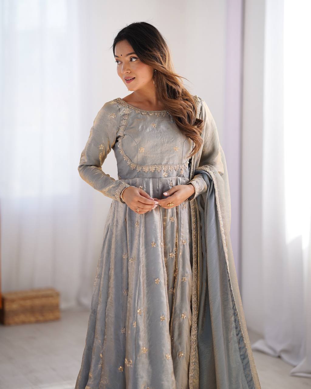 Neelika Grey Anarkali Suit Set – grey designer Anarkali suit for women, embroidered gown with dupatta, plus size ethnic wear, Fandy silk partywear Anarkali, traditional Indian gown set, ready to wear festive outfit, sequin and coding embroidery suit, fully stitched Anarkali gown, wedding guest ethnic dress, elegant Indian party gown for Mehendi and Sangeet.