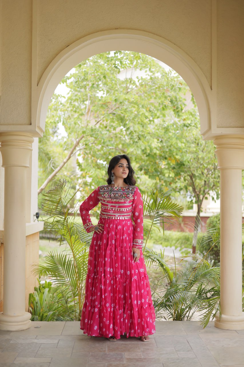Lavanya Pink Faux Georgette Bandhani Kutchi Patchwork Gown