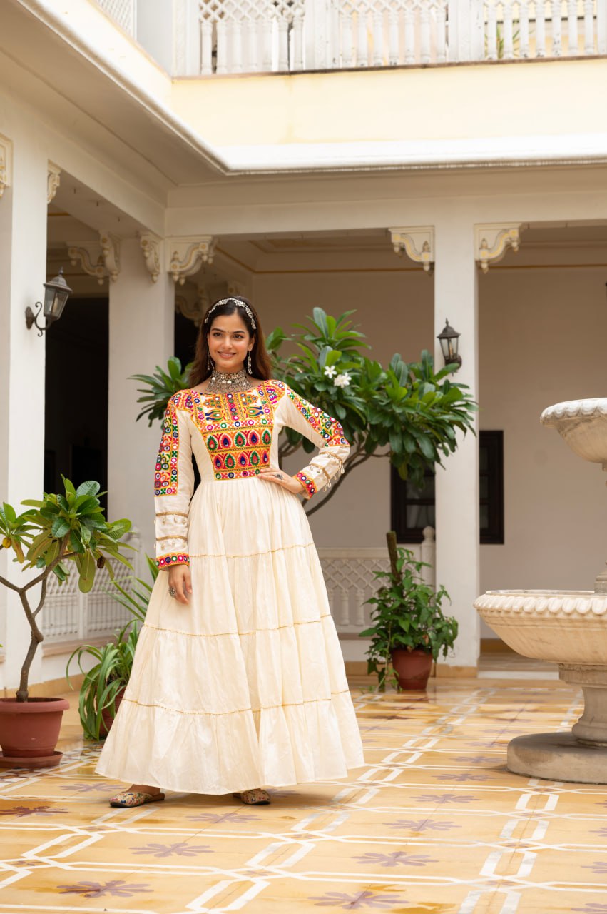 Off-White Kora Cotton Kutchi Gamthi Mirror Work and Kodi Lace Gown