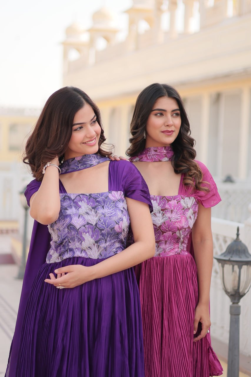 Shanta chinon purple printed anarkali gown set
