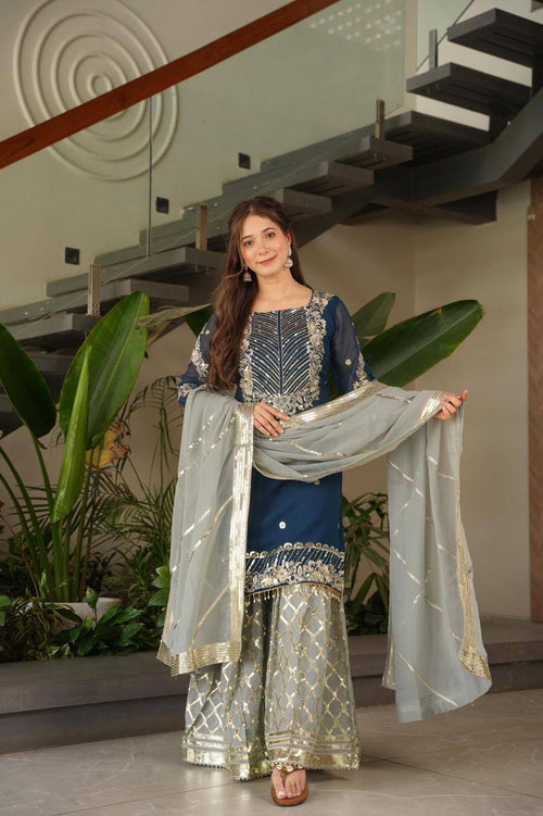 Blue fox georgette embroidered heavy sequence work kurti palazzo set