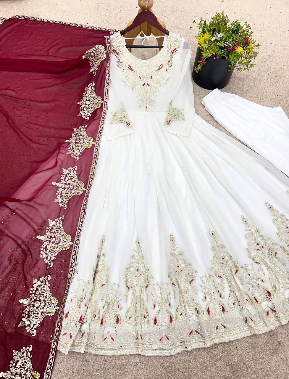 Tejvini White Georgette Embroidered Gown with Dupatta