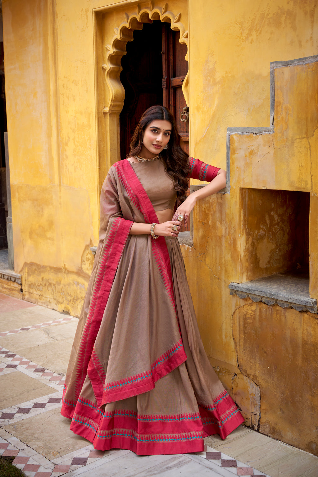 Swastika light brown pure Chanderi thread work half saree lehenga