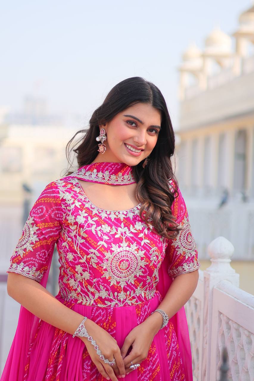 Saanvi Pure Bandhej Georgette Embroidered Gown Set
