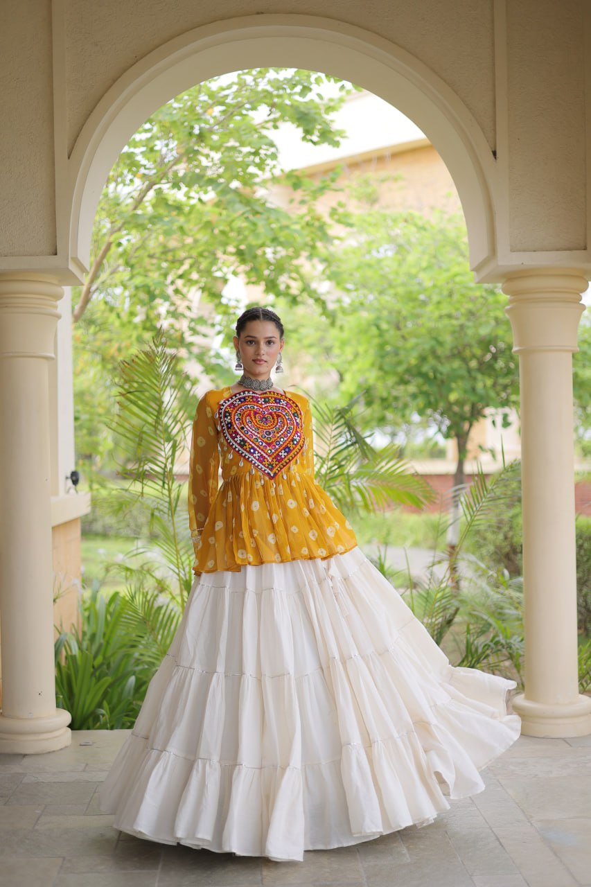Charvi Yellow Kora Cotton Bandhni Kutchi Gamthi Lehenga