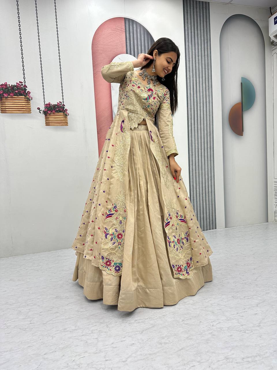Mani Beige Color Vichitra Silk Crop Top Peacock Design Lehenga with Embroidered Shrug