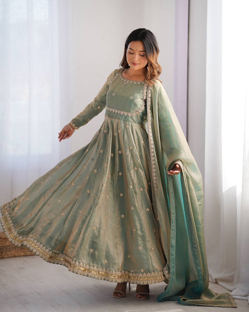 Neelika Sage Green Fandy Silk Anarkali Suit Set XXL