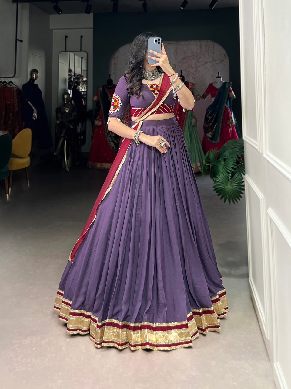 Mauve purple rayon lehenga choli with mirror Gamthi embroidery and dupatta