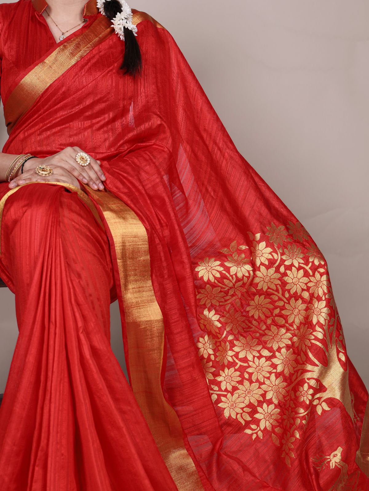 Red Color Raw Silk Zari Weaving Saree with Unstitched Blouse