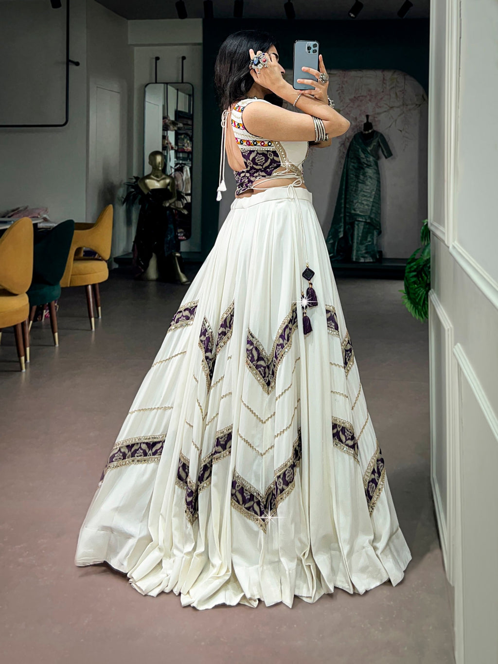 Ishani White Rayon Heritage Print Gamthi Mirror Lehenga
