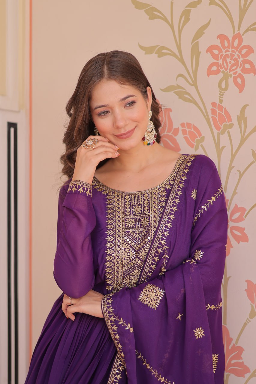 Purple Color Star Georgette Zari Sequins Embroidered Gown with Dupatta