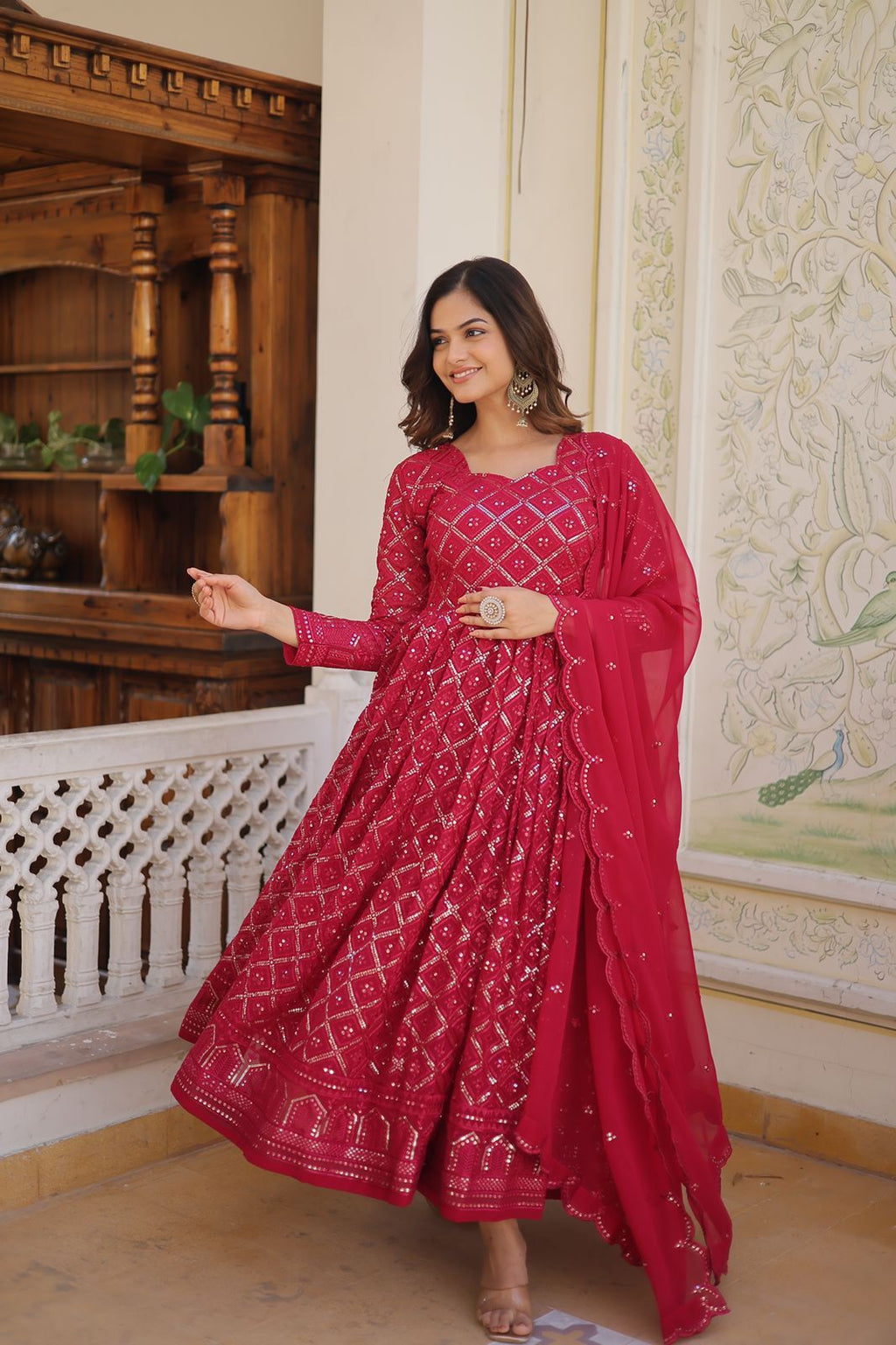 Radiant pink floral gown with dupatta set