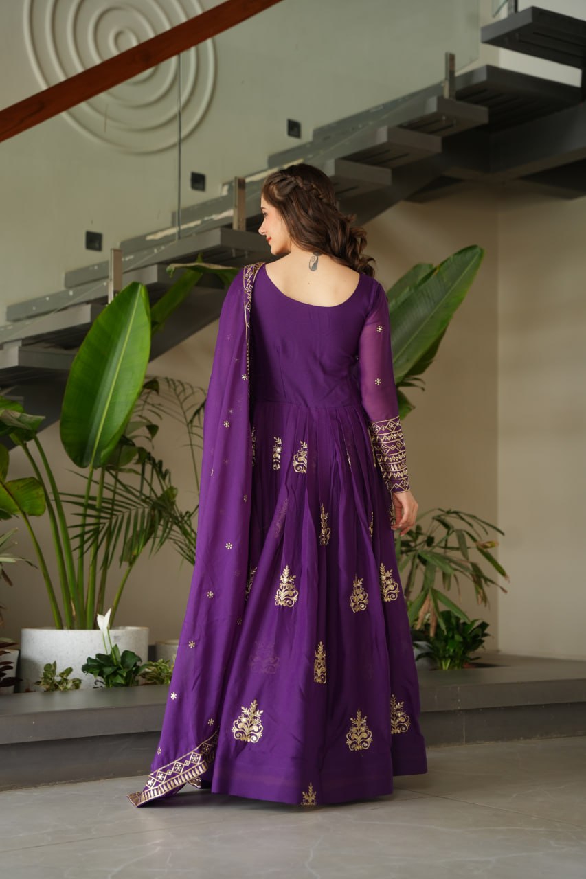 Purple Chinnon gown set with multi-colored sequins and beads embroidery, full sleeves, and matching embroidered dupatta – ideal for festive and wedding occasions