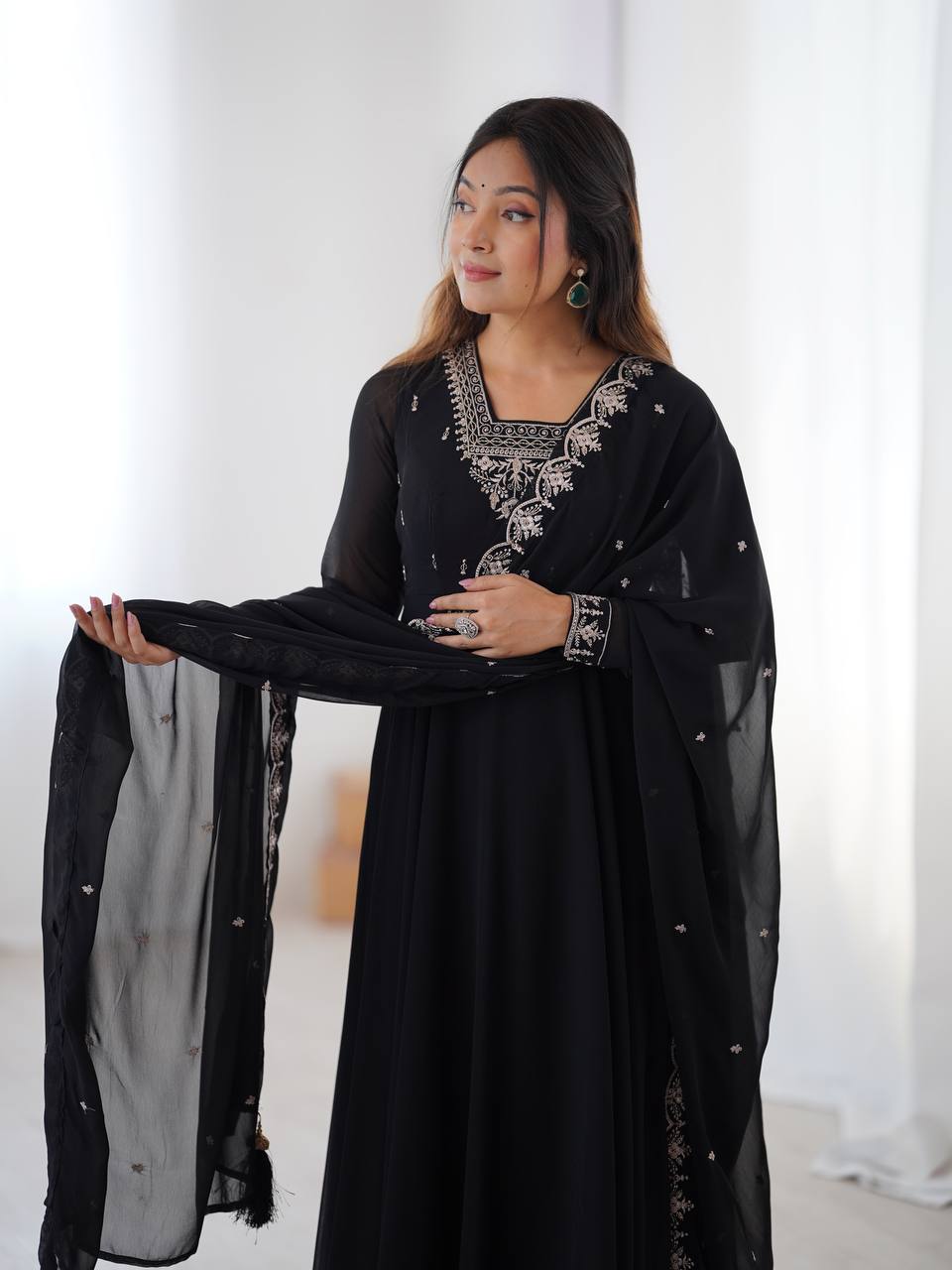 black Anarkali suit in soft Fox Georgette with 6.5-meter flair, beads & zari embroidery, lace sleeves & embroidered dupatta – stitched & ready-to-wear.